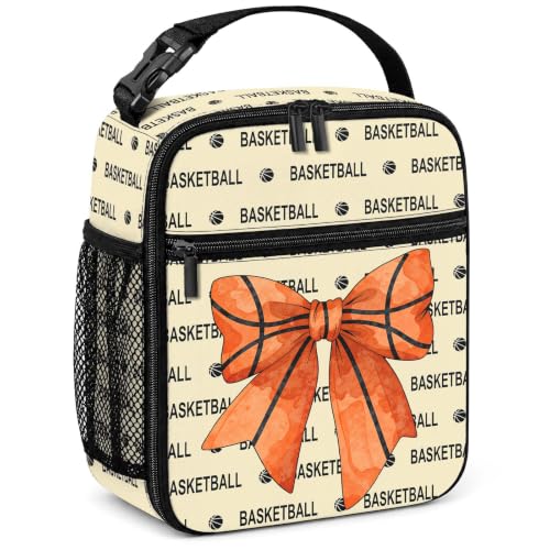 Lunch Box Girls Boys Insulated Lunch Bag for Kids Teen, Basketball Bow | Reusable Lunchbox, Cooler Tote Bag, Water Bottle Holder, Front Pockets, Portable Buckle Handle for School Work Picnic Travel - color: Basketball Bow