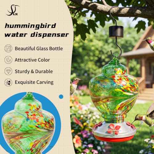 Hummingbird Feeder Colorful Blown Glass Outdoor Hummingbird Feeder with Ant Moat and 5 Feeding Ports for Outdoors Hanging Garden Decor, Bird Lovers (Green-2) - color: Green-Phoenix