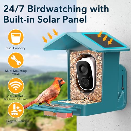PeckCam® Bird Feeder with Camera Solar Powered 2K Live Video Auto Capture | AI Bird Species Identification, Instant App Alert, IP65 Waterproof, Easy Setup, Backyard Bird-Watching, Gift for Bird Lovers - color: Light Blue