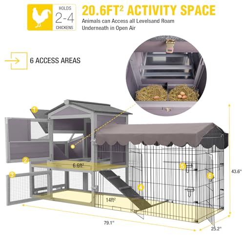 Aivituvin Chicken Coop with Wheels Mobile Hen House Poultry Cage for 2-4 Chickens with Metal Run and Nesting Box 79" L - color: Grey, size: 81.9"L x 28.9"W x 43.6"H