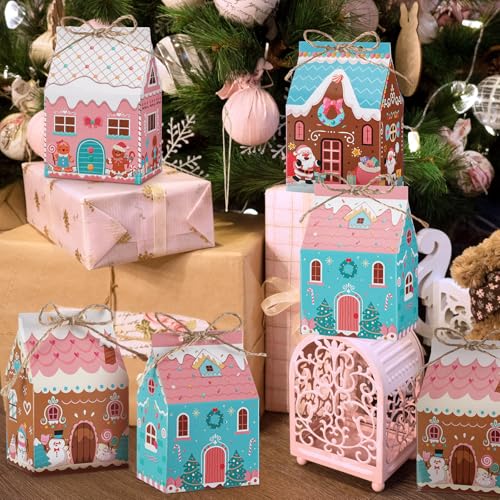 Zhanmai Christmas Treat Boxes Candy Gingerbread House Mini Christmas Party Favor Box Small Paperboard Gift Container for Xmas Holiday Party Treat Cookie Goodie Snack Gift Packaging - style: Pastel House