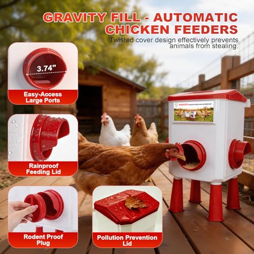 Chicken Feeder and Waterer Set, 2 Gallon Automatic Chicken Waterer with Float Valve, 26.5 Pounds Chickens Feeders No Waste with Vegetable Net & Xylophone Toy, Standing/Hanging Use for Poultry