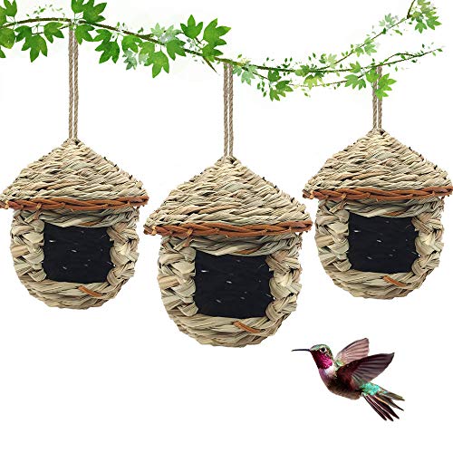 3 Pack Hummingbird House, Hand Woven Bird Nest for Outdoors Hanging | Humming Birdhouse, Small Grass Bird Houses for Outside, Natural Fiber Bird Hut Roosting Pocket for Finch Canary Chickadee