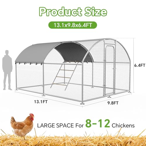 10 x 13.2 x 6.4 FT Metal Chicken Coop, Chicken Run with Cover | Walk-in Metal Chicken Coop, Side Hardware Cloth, Waterproof Cover, Roosting Perch, reinforced frame, Backyard & Farm Use - size: 157.5"L x 119.0"W x 77.3"H