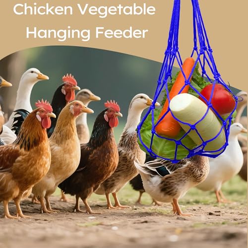 Chicken Vegetable Hanging Feeder 2PCS, Reusable String Bag Net Hanging Feeder for Chickens Ducks Coops Toy, Enrichment Toys, Treat Holder, No Waste Poultry Accessory(Blue) - color: Blue