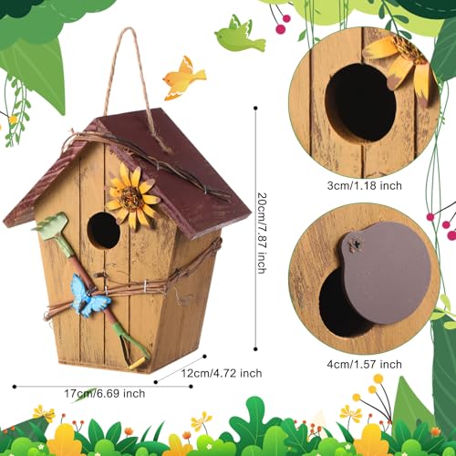 DoubleFill 2 Pcs Birdhouses for Outdoor Hanging Yard Outside Wooden Birdhouse Hand Painted Bird Box for Bird Lovers Bluebird Tree Garden Decor Decorative Birdhouse(Bright Color,Wooden Roof) - color: Bright Color, size: Wooden Roof