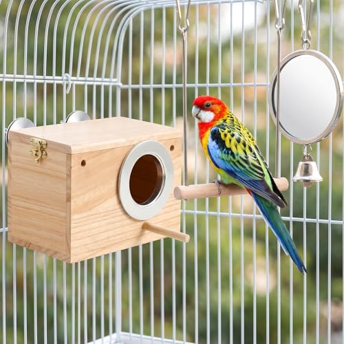 2 Pack Parakeet Nesting Box, Natural Wood Bird Nesting Box Breeding House for Budgie Lovebirds Cockatiel Finch Parrotlets - 7.7x4.7x4.7 Inches