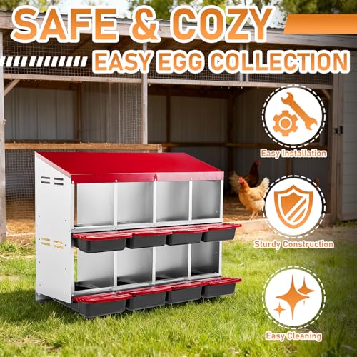 Outvita Two-Tier Chicken Nesting Box Red 8 Compartments | Metal Egg Laying Box with Rollout Egg Collection & Swing Perch for Backyard Chicken - color: Red, size: 44.6"L x 20.5"W x 31.1"H
