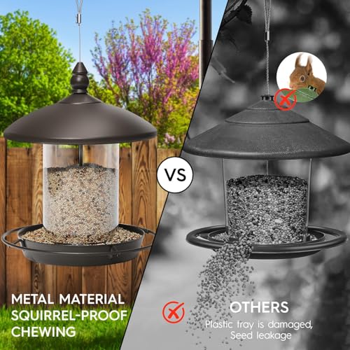 Metal Bird Feeder, Hanging or Ground Outdoor Bird Feeder, Weather Cover, Removable Seed Container and Easy Clean Design- (7x7x7in)