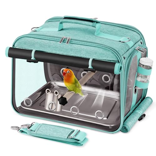 Bird Carrier Airline Approved, Bird Travel Cage with Indestructible Stainless Steel Mesh, Bird Travel Bag Lightweight and Portable with Water Bottle and Bowl - color: Green