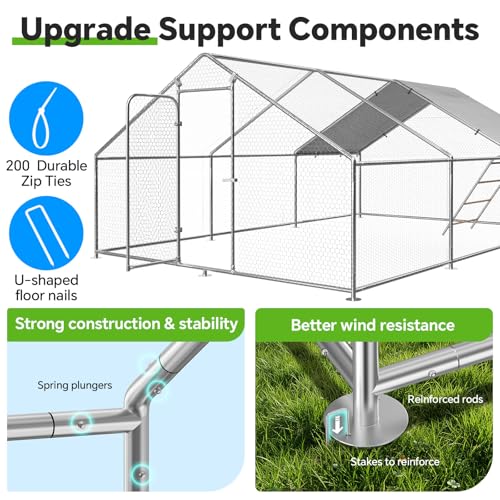 13.1 x 19.7 x 6.4 FT Metal Chicken Coop, Chicken Run with Cover | Walk-in Metal Chicken Coop, Waterproof Cover, Side Hardware Cloth, Roosting Perch, reinforced frame, Backyard & Farm Use - size: 20x13Ft