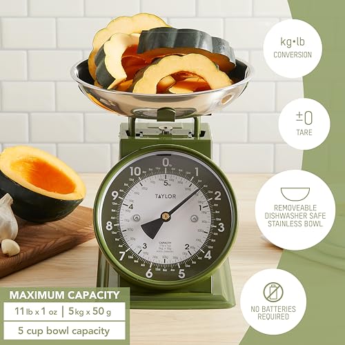 Taylor Analog Kitchen Scale, Stainless Steel Mechanical Food Scale with Removable Bowl, 11 lb Capacity, Large 5-Inch Dial, Battery-Free Design for Baking and Meal Prep - color: Green, size: Small