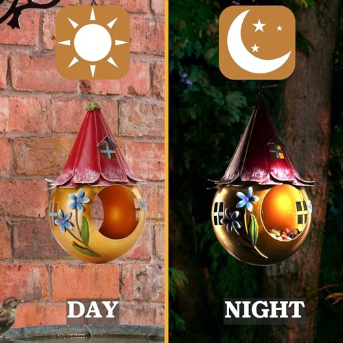 Solar Bird Feeder - Light Up Hanging Bird Feeders - Cute Fairy Design Rustproof Metal - Outside Unusual Metal Art with LED Light - Gift Boxed