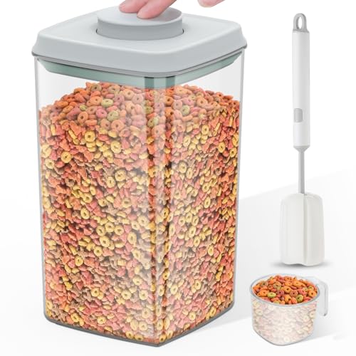 LEAWALK 4.2Qt Airtight Dog Cat Food Storage Container and Dog Treat Containers BPA-Free, PET Clear Stackable Pet Storage Bin, 1 Cup Scoop, 1 Sponge cleaning brush, Pop Top, With handle -1Pack - color: Grey（4.2Qt-1Pack)