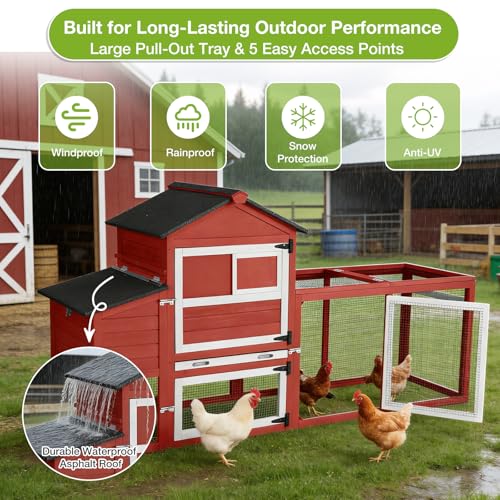 GUTINNEEN Large Chicken Coop with Run for 4-6 Chickens, Mobile Chicken Coop with Wheels & Handle, Outdoor Wooden Hen House with Nesting Box, Removable Tray, Waterproof Roof, Poultry Cage-Red - size: 82.4"L x 25.8"W x 44.1"H-Red