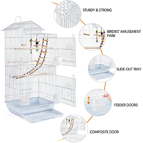 Yaheetech 39-inch Roof Top Medium Parakeet Bird Cages for Cockatiels Conures Finches Budgies Canaries Lovebirds Parakeets Green Cheek Small Birds Parrots, Travel Flight Birdcage w/Toys, White - color: White
