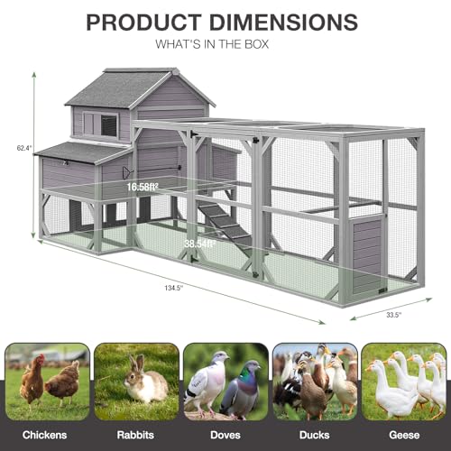 Extra Large 120" L Chicken Coop for 8-10 Chickens, Wooden Chicken House with Run, 6 Nesting Boxes, Heavy Duty Construction, Waterproof Roof, Predator Resistant Outdoor Poultry Cage-Grey - color: Grey (AIR46-M)