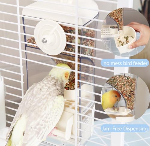 No-Mess Bird Feeder & Waterer Set for Cage, 300ml Auto Feeder with Seed Hull Catcher & 400ml Stainless Steel No-Backflow Drinker, for Cockatiels Conures Parakeets