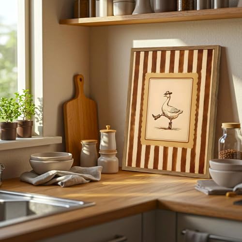 Funny Cowboy Goose Wall Art Silly Western Dancing Goose Wall Decor Painting, Whimsical Cute Stripe Animal Poster Canvas Print Picture for Living Room Bedroom 12x16 inch Wood Framed - color: Cowboy Goose, size: 16"L x 12"W