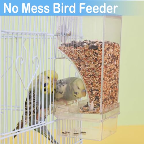 Bird Parrot Feeders, No Mess Automatic Cage Feeder Dispenser Food Container, Auto Bird Seed Bowl for Small Medium Birds, Cockatiel Canary Cockatoos Parakeet Conure Lovebird, Acrylic Clear (Feeder)