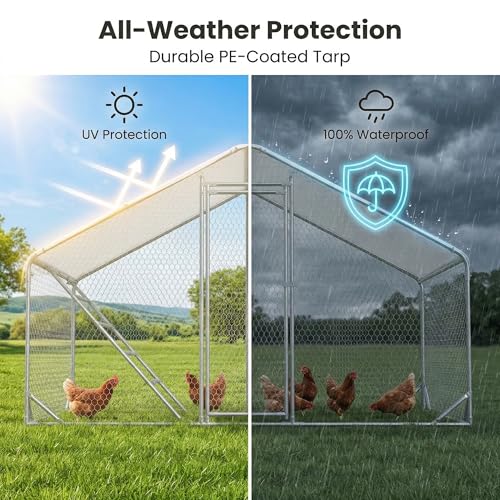 Efficraft Walk-in Chicken Coop, 9.8 x 6.5 x 6.5 ft, Cover & Perch | 9.8 x 6.5 x 6.5 ft walk-in metal run with stability braces, weather cover, and eucalyptus roosting perch. - size: 78"L x118"W x 78"H