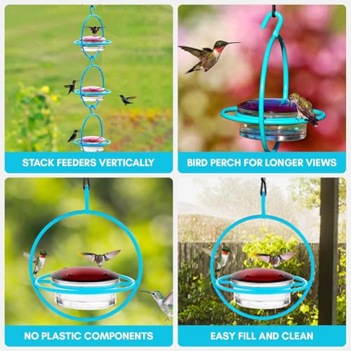 Hummingbird Feeder for Outdoors Hanging, 3.4 OZ Hummingbird Feeders, Glass Bowl with 4 Feeding Ports, Leak Proof Lid & Circular Perch, Bird Feeder (1, Aqua Blue) - color: Aqua Blue
