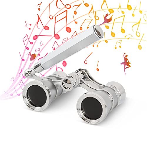 Aomekie Opera Glasses Binoculars 3X25 Lorgnette Theater Glasses Mini Binocular Compact with Handle for Adults Women in Musical Concert（Silver） - color: Silver with Handle
