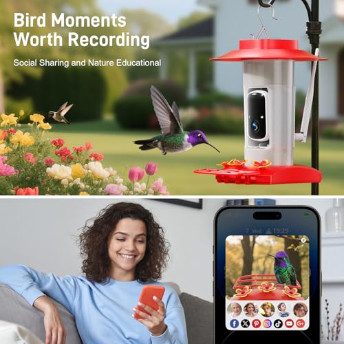 Hummingbird Feeder with Camera Outdoor, Solar Powered Hanging Bird Feeder | Ant Moat & Bee-Proof, AI Bird ID, HD 2K, Instant App Alerts, Auto Capture, Garden Gift for Hummingbird Lover & Mom Dad, 21oz - color: Red