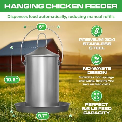 Plexon Automatic Chicken Feeder 2.9KG/6.6lbs – Heavy-Duty 304 Stainless Steel Poultry Feeder, Rust-Proof, Top-Fill Design, Easy to Clean, Weather-Resistant