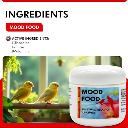 Mood Food 2 oz – Natural Calming Supplement for Birds – Non-Sedating Formula – Helps Reduce Stress, Aggression & Feather Plucking – Gentle Support with Amino Acids & B Vitamins | Promotes Natural Stress, Aggression & Feather Plucking Reduction – Gentle B-
