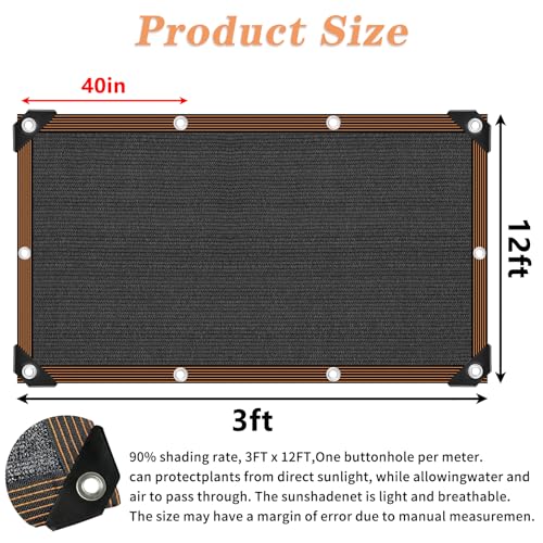 Shade Cloth- 90% Sunblock Net for Garden Patio,Shade Sails -for Plants Outdoor Pergola Lawn Sun Protection Covers for Chicken Coop, 3x12 FT - size: 3'x12'