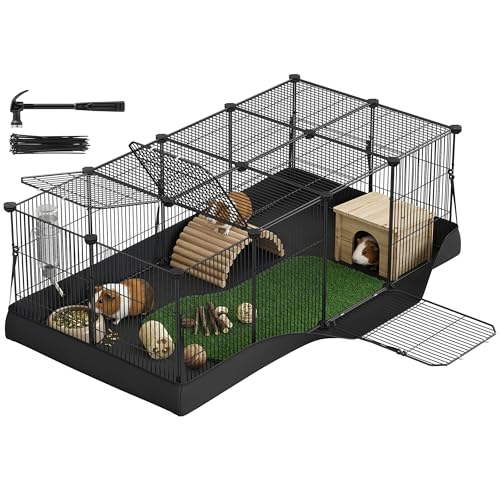 SONGMICS Guinea Pig Cage, Rabbit Cage, Small Animal Playpen with Waterproof Mat, Top and Side Door, 20 Panels, 48.4 x 24.8 x 16.3 Inches, Ink Black ULPI012BH01 - color: Ink Black, style: 20 Panels - 48.4"L x 24.8"W x 16.3"H