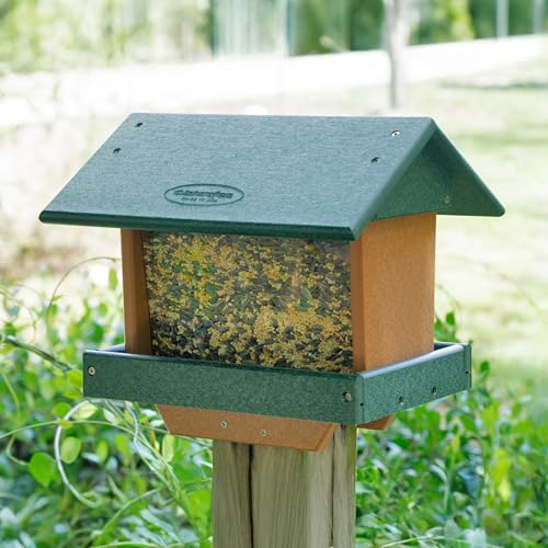 DutchCrafters Poly Large Hopper Bird Feeder Post Mount for 4" x 4", Wild Songbird Bird Seed Feeder for Outdoor, Outside, Garden, Yard - Amish Made in USA (Post Mount, Turf Green & Cedar) - color: Turf Green & Cedar, style: Post Mount