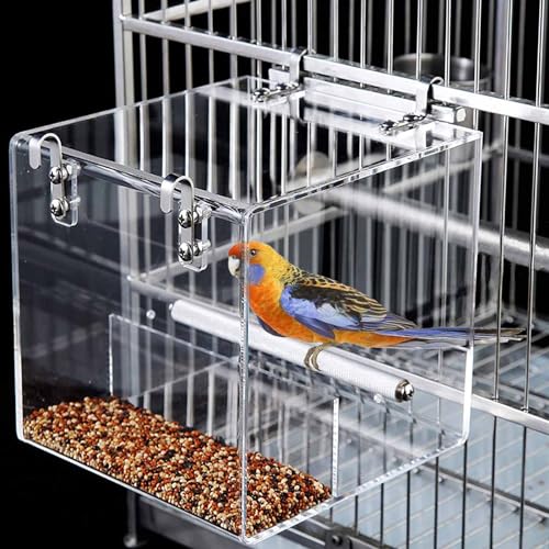 No Mess Bird Feeder for Cage, Automatic Acrylic Bird Feeder Seed Catcher Tray Cage with Stainless Steel Hooks for Small Parrots Canary Parakeet Budgerigar Crested Cockatiel Lovebird (Small) | Bird Feeder Cage with Stainless Steel Hooks for Small Bird Parr