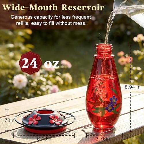 24 OZ Hummingbird Feeder for Outdoors Hanging, | Heavy-Duty Thick Glass With Floral Decals, Leak-Resistant Metal Base, 5 Feeding Ports & Perch - color: Red