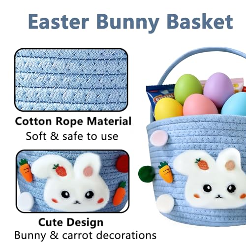 Easter Bunny Baskets for Kids, Baby Easter Empty Egg Basket with Handle, Woven Rope Cute Treasure Egg Hunt Baskets for Boys Girls Toddler, Easter Gifts, Blue - color: Blue
