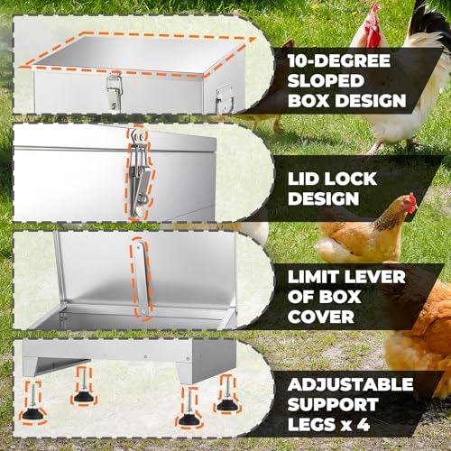 Chicken Feeder 85LB,6-Port Metal Poultry Feeder for Chickens, Poultry Coop | No Waste with Locking Lid&Riveted Handles,Adjustable Height,Large Capacity Rainproof Automatic Chicken Feeders - size: 85lbs