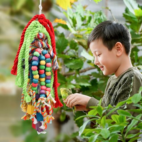 Large Bird Chewing Toys, 21.7 × 5.1 inch Parrot Shredding Wooden Block and Cotton Rope Toys, Cage Accessories for Small to Large Birds Cockatiel Parakeets Lovebirds Conure Macaw African Grey Amazon