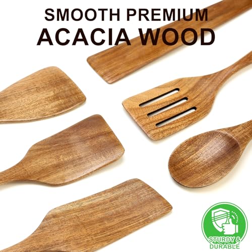 6 Pack Acacia Wood Spatula Set Non Toxic Kitchen Utensils for Cooking Spoon | Flat Wooden Wok Spatula Spurtle Kitchen Spoon Slotted Turner Scraper Bamboo Cooking Utensil Set Fish Egg Flipper Spatulas - color: 6Pcs-Utensils