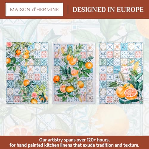 Maison d' Hermine Kitchen Towels Set of 3 Reusable 100% Cotton 27.50" x 20" | Cloth Tea Dish Towels Absorbent with Hanging Loop for Kitchen Dining Party Wedding Hotel Home Spring Summer - Agrume - color: 012 - Agrume