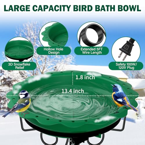 Heated Bird Bath for Outside Winter, Powerful 100W Thermostat Control Heated Bird Baths for Outdoors with 5-Prong Metal Stake, Heated Birdbath Water Heater for Garden Yard Patio Lawn (Green) - color: Green