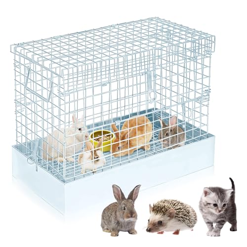 DoubleFill Folding One Hole Rabbit Transport Cage, Portable 18 x 10 x 14 in Rabbit Carrier with Tray and Handles for Travel Temporary Housing Indoor Outdoor Small Animal Enclosure - color: Sliver, size: 18.9"L x 14.0"W x 4.1"H