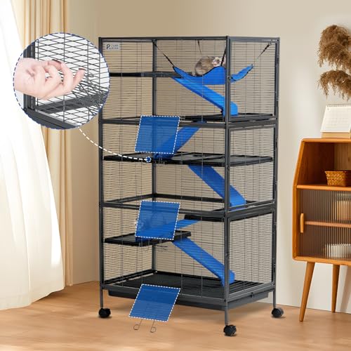 Polar Aurora Metal Small Animal Cage, 59" H Ferret Cage with Lockable Wheels, Deluxe Chinchilla Cages with Hammock and Removable Tray, 6 Tiers Animal Cages for Pets - size: Extra Large