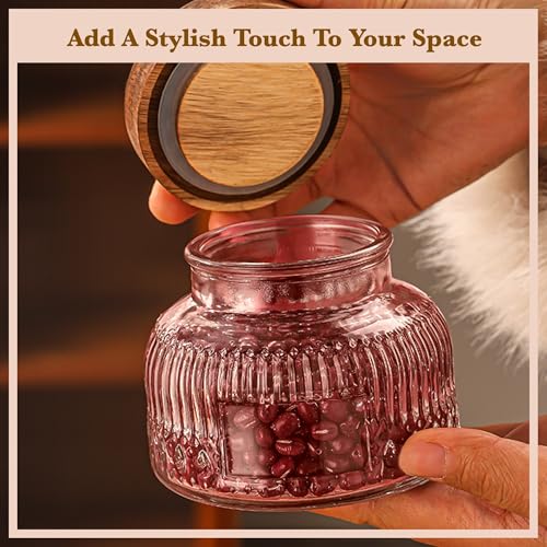 Decorative Pink Ribbed Glass Jar with Airtight Wooden Lid, 25.4 fl. oz | Wide mouth vintage storage canister, kitchen pantry bathroom organization, coffee sugar tea cookie candy candle vase gift - size: 25.4 Ounces, style: Pink Ribbed