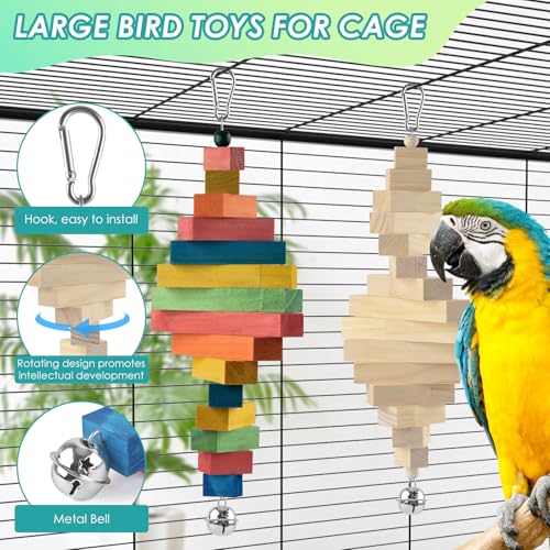 DBNESS 2 Pcs Bird Toys, 15.94in Large Parrot Foraging Toys for Beak Grinding, Wooden Block Bird Chewing Toys for Macaws Eclectus Cockatoo African Greys Amazon Parrots - size: 15.94in