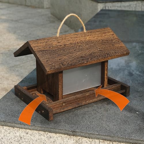 Hanging Wooden Bird Feeder Outdoor Large Capacity Wood Birdfeeder with Surface Treatment for Feeding Outside Garden Wild Birds Finches Robin Sparrow Blue Jay Chickadees - color: Dark Wood Color