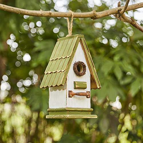 Glitzhome Bird Houses for Outside, Bluebird Houses for Outdoors, 10.75" H Green Roof Garden Wooden Birdhouse Hand Painted Hanging Distressed Bird House for Finch Cardinals Swallow Wren Chickadee - color: 10.75"H Green/White