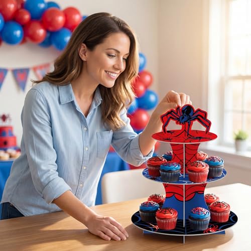 3 Tier Spider Cupcake Stand Spider Birthday Party Decorations Cupcake Tower Hero Theme Cake Holder Hero Dessert Holder Table Display for Birthday Baby Shower Party Supplies - style: Spider web