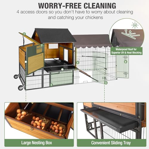 GUTINNEEN Extra Large Mobile Chicken Coop with Wheels, Large Outdoor Hen House with Run for 4-6 Chickens, Wooden Poultry Cage with Nesting Box, Metal Sliding Tray, Waterproof Cover - color: Brown and Black