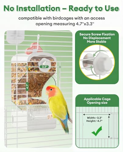 Bucatstate No Mess Bird Feeder, Auto Dispenser, Dual Filter & Waste Drawer | External Hanging, Fits 4.7"x3.3" Side Opening, for Parakeet Cockatiel Budgie Canary,for Square Cages